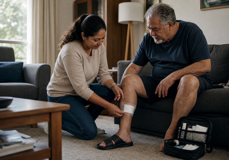 A woman applying a dressing to a seated man’s lower leg in his living room