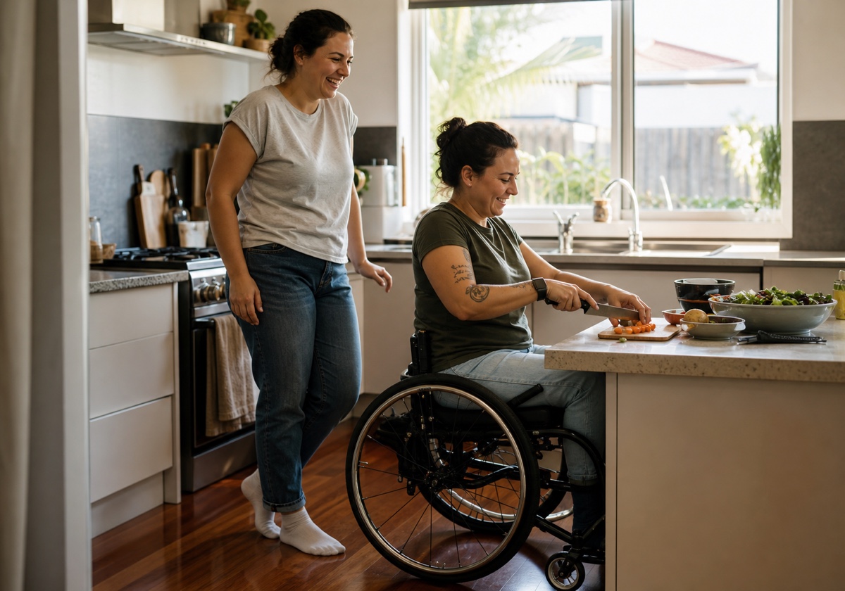 A wheelchair user preparing a meal at home while another person stands alongside her