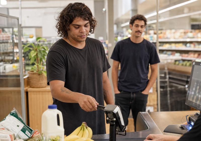 An adult participant paying for groceries while a support worker stands a short distance behind